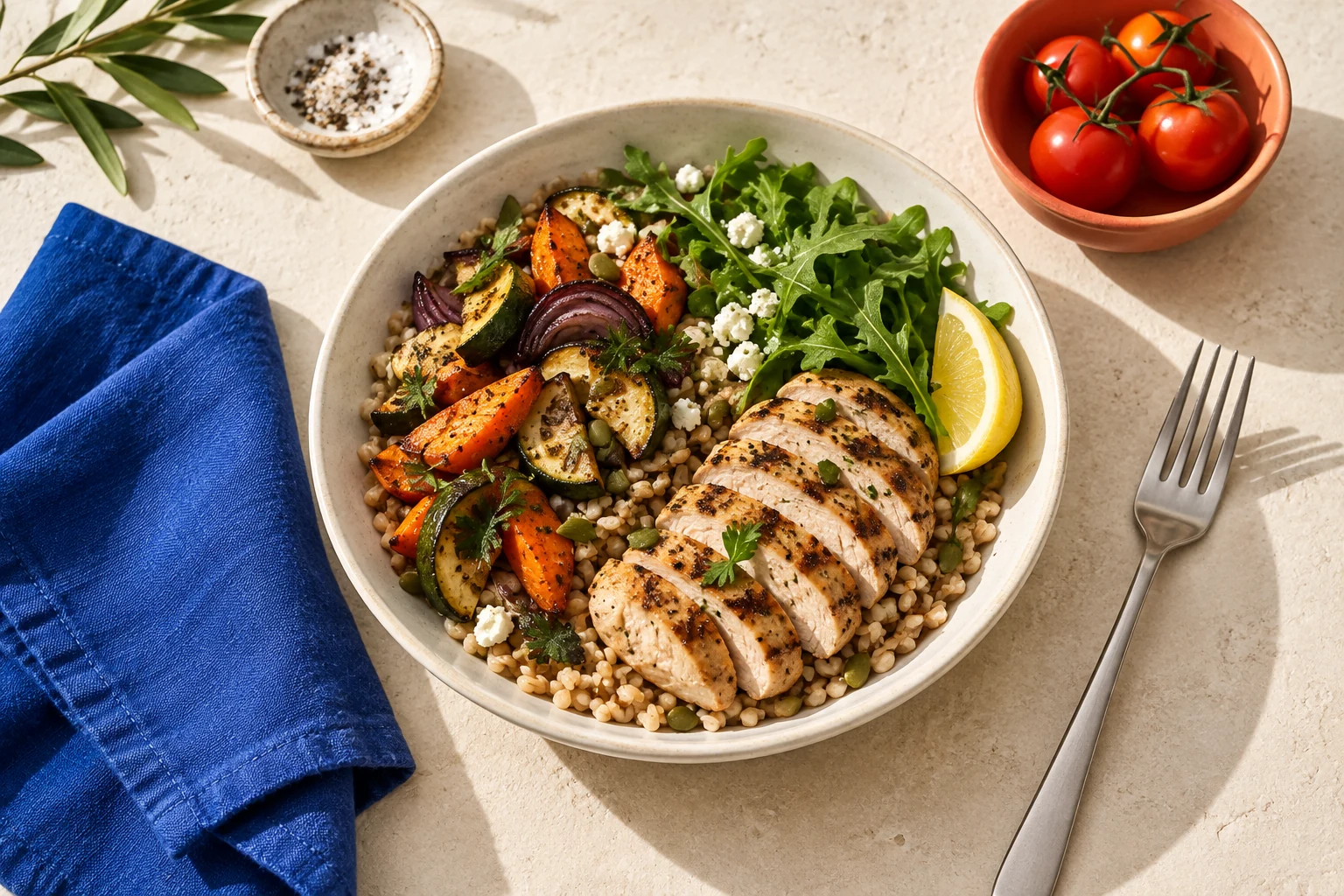 Un repas varié avec plusieurs sources de protéines, glucides et lipides
